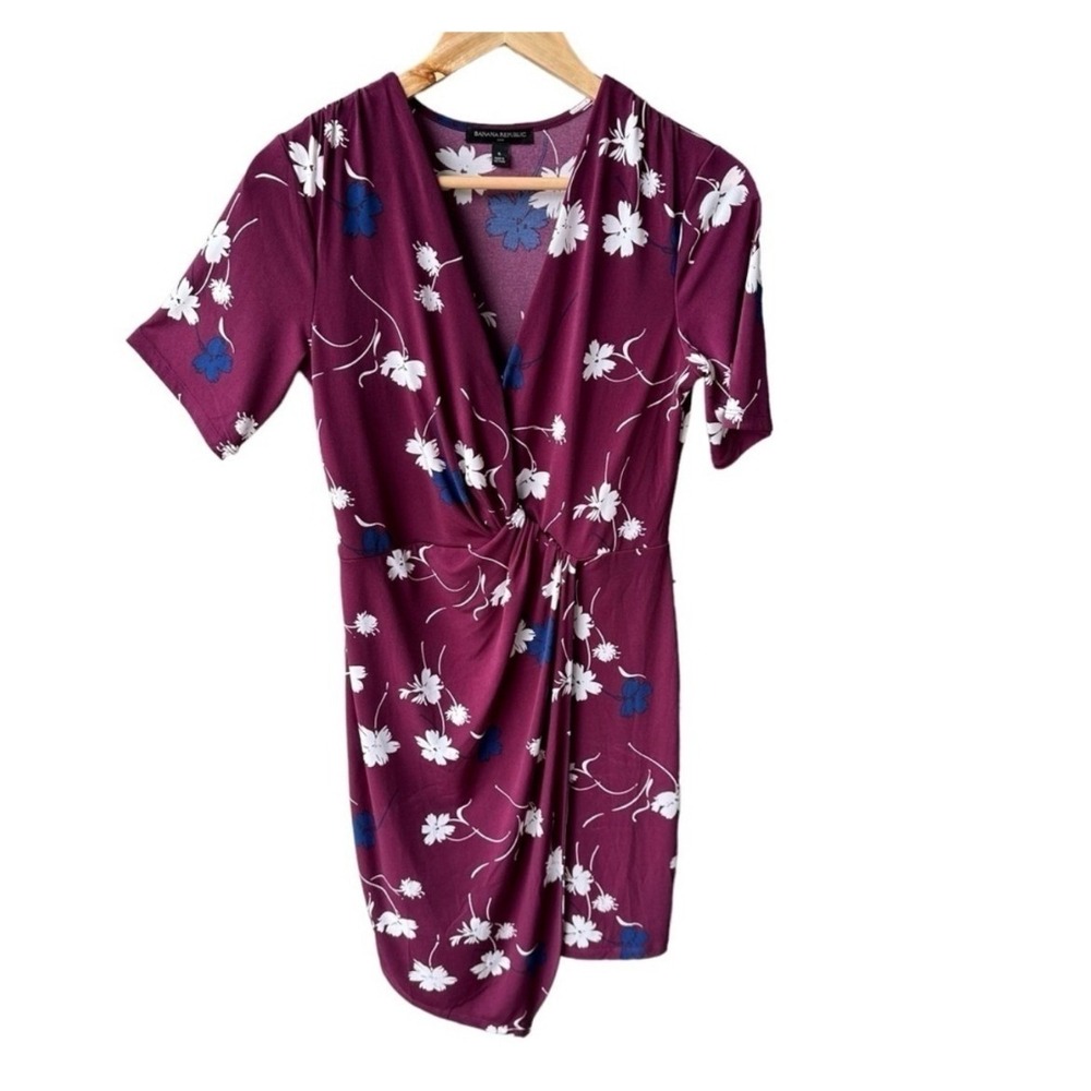 Banana Republic Dress Faux Wrap Burgundy Floral Short Sleeve Twist Front Small